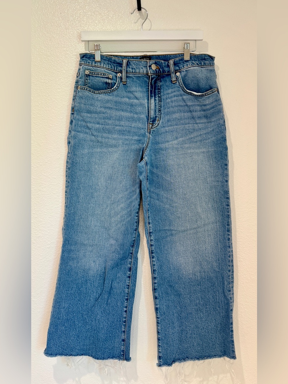 J.Crew High Rise Wide Leg Crop Jeans Medium Wash Raw Hem Frayed Denim 30
